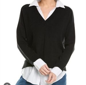 Boutique Skies Are Blue Black V-Neck Women's Sweater Top With White Collar